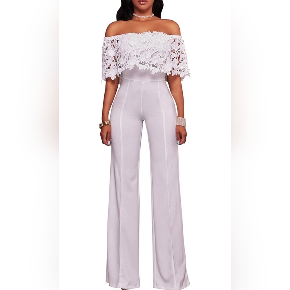 Womens Off Shoulder Long Pants Wide Leg High Waist Jumpsuits Rompers L White